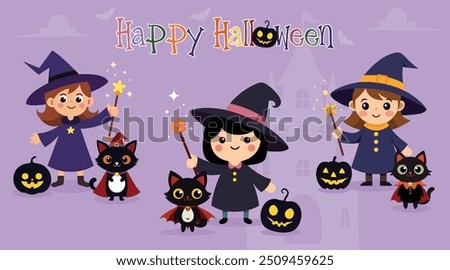 Cute little witches rising magic wand with black cats in Halloween costume and Halloween pumpkin, Happy Halloween, vector illustration.
