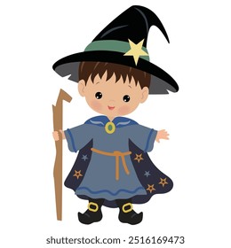 Cute little wizard boy with staff vector cartoon illustration