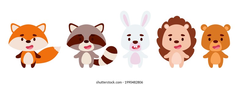 Cute little wodland animals set. Collection funny animals characters for kids cards, baby shower, birthday invitation, house interior. Bright colored childish vector illustration.