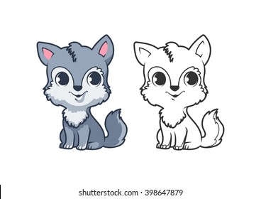 Cute little wolf. Cartoon vector character isolated on a white background with black outline.
