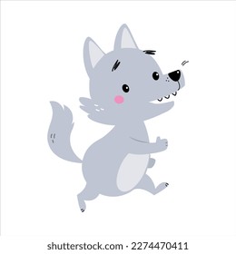 Cute Little Wolf Cub with Grey Coat Running Vector Illustration