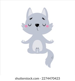 Cute Little Wolf Cub with Grey Coat Meditating Vector Illustration