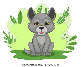 Cute little wolf cub on green forest glade. Pup on the background of foliage and plants. Cartoon style. Vector illustration.