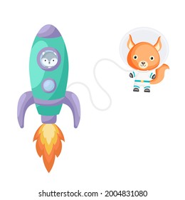 Cute little wolf flying in turquoise rocket. Cartoon squirrel character in space costume with rocket on white background. Design for baby shower, invitation card, wall decor. Vector illustration