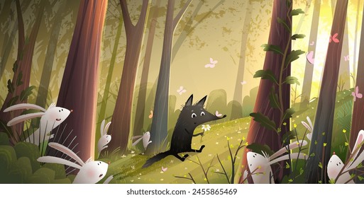 Cute little wolf in green wild forest and bunnies or rabbits. Animal characters in sunlight woods, cartoon for kids story or fairy tale. Artistic vector children illustration in watercolor style.