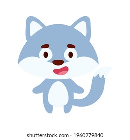 Cute little wolf on white background. Cartoon animal character for kids cards, baby shower, birthday invitation, house interior. Bright colored childish vector illustration.