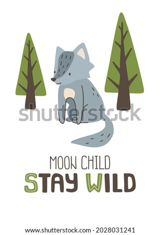 Cute little wolf poster. Moon child stay wild. Print for wall art, apparel, card, textile, fabric, nursery, stationery.
