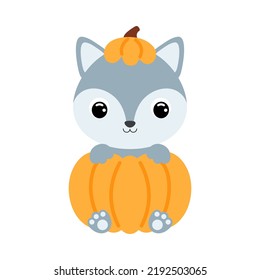 Cute little wolf sitting in a pumpkin. Cartoon animal character for kids t-shirts, nursery decoration, baby shower, greeting card, invitation. Vector stock illustration