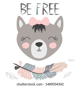 Cute little wolf smiling face with graceful feather in the Scandinavian style. Inscription quote Be Free. Graphic design.