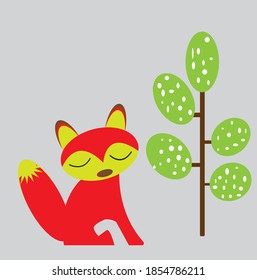 un pequeño lobo y un árbol adorables en caricatura