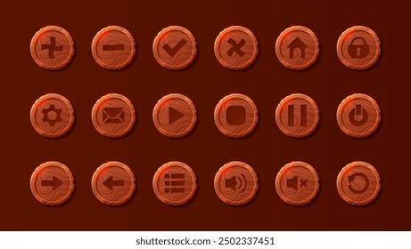 Cute little wooden buttons and icons for a fun game interface. Isolated circular buttons featuring various symbols on a plain background.