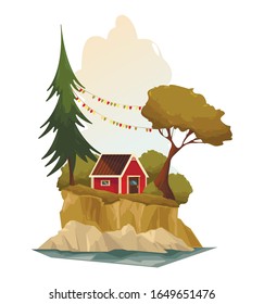 Cute little wooden house by the river in the forest. Norwegian red house.Vector cartoon illustration.