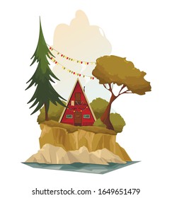 Cute little wooden house by the river in the forest. Norwegian red house.Vector cartoon illustration.