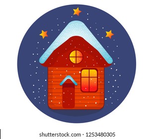 Cute little wooden house covered in snow on dark blue background with three little stars. 