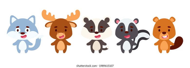 Cute little woodland animals set. Collection funny animals characters for kids cards, baby shower, birthday invitation, house interior. Bright colored childish vector illustration.