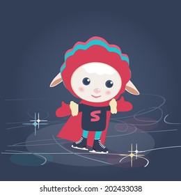 Cute little woolly vector cartoon sheep in a red Super Hero outfit ice skating and holding out its gloved hands, with copyspace on a cold blue winter background