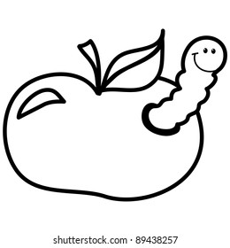 cute little worm inside of the apple, cartoon, line art, coloring