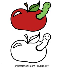 cute little worm inside of the apple, cartoon, line art, coloring with color version