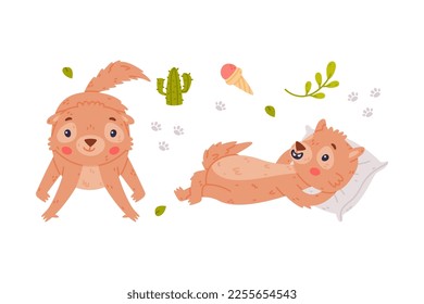 Cute Little Xerus Character with Pretty Snout Lying on Pillow and Standing Vector Set