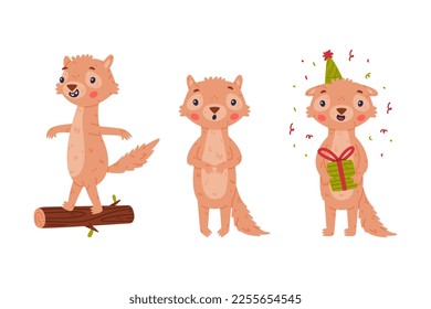 Cute Little Xerus Character with Pretty Snout Walking Along Log and Standing with Gift Box Vector Set