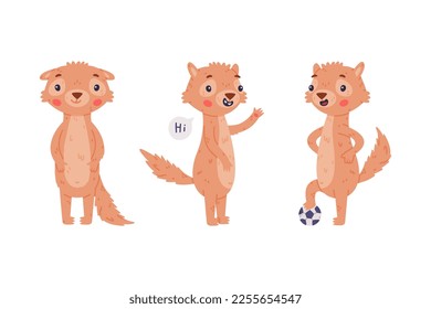 Cute Little Xerus Character with Pretty Snout Greeting and Playing Football Vector Set