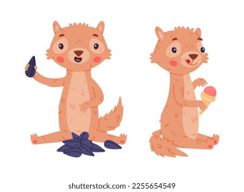 Cute Little Xerus Character with Pretty Snout Eating Seeds and Ice Cream Vector Set