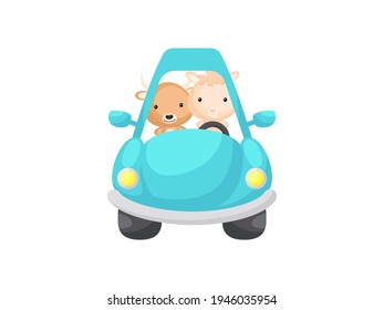 Cute little yak and alpaca driving turquoise car. Cartoon character for childrens book, album, baby shower, greeting card, party invitation, house interior. Vector stock illustration.