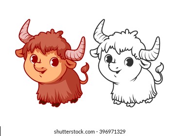 Cute little yak. Cartoon vector character isolated on a white background with black outline.