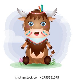 a cute little yak in a headdress with feathers. Cartoon apache yak. Vector illustration