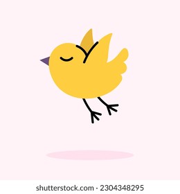 Cute little yellow bird is flying. Cartoon vector baby illustration isolated on white background