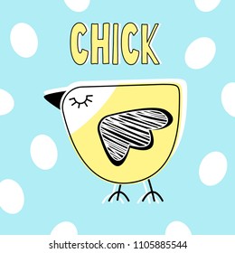 Cute little yellow bird on a blue background. Chicken and eggs. Chick. Vector illustration. Suitable for printing on postcards, posters, textiles, T-shirts, fabrics. Children's drawing.