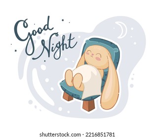 Cute little yellow bunny sleeps on a large green armchair, ears down, covered with a blanket. 
On a gray background. Lettering "Good night". Cartoon character in vector illustration.