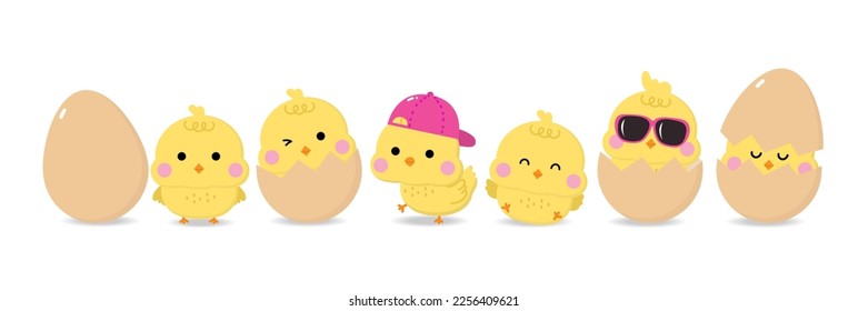 Cute little yellow chick and baby chicken set. Animal cartoon character collection. Vector in flat style.