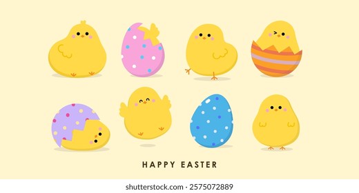 Cute little yellow chick and baby chicken with Easter eggs collection. Animal cartoon character collection. Vector in flat style.