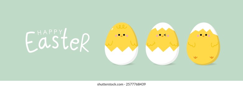 Cute little yellow chick and baby chicken with Easter eggs collection. Animal cartoon character collection. Vector in flat style.