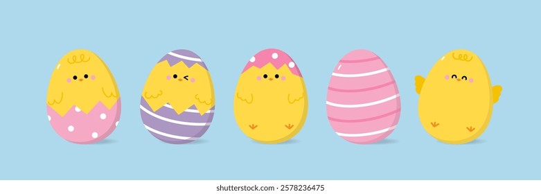 Cute little yellow chick and baby chicken with Easter eggs collection. Animal cartoon character collection. Vector in flat style.