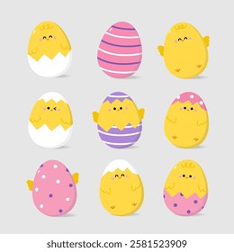 Cute little yellow chick and baby chicken with Easter eggs collection. Animal cartoon character collection. Vector in flat style.