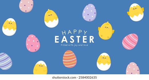 Cute little yellow chick and baby chicken with Easter eggs collection. Animal cartoon character collection. Vector in flat style.