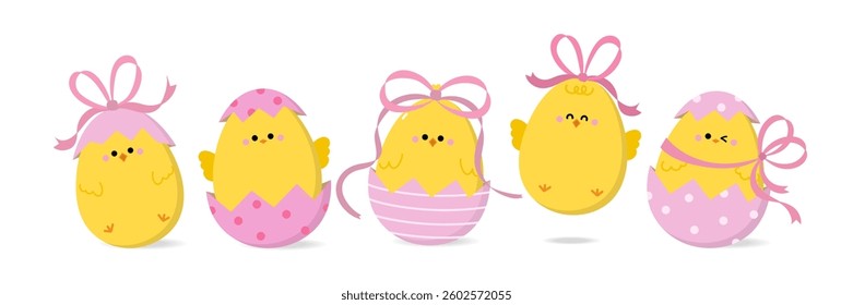 Cute little yellow chick and baby chicken with Easter eggs collection and pink coquette bow. Animal cartoon character with ribbon collection. Vector in flat style.