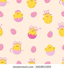 Cute little yellow chick and baby chicken with Easter eggs collection and coquette bow seamless pattern and background. Animal cartoon character with ribbon wallpaper. Vector in flat style