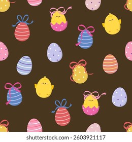 Cute little yellow chick and baby chicken with Easter eggs collection and coquette bow seamless pattern and background. Animal cartoon character with ribbon wallpaper. Vector in flat style