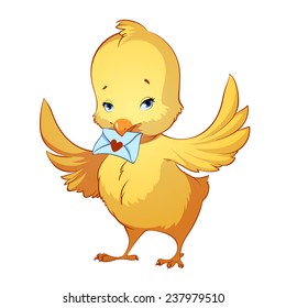 Cute little yellow chick with an envelope with heart. Vector clip-art illustration on a white background.