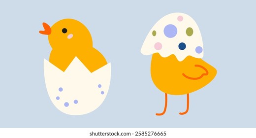 A cute little yellow chick hatched from the egg. Small baby bird emergence from egg. Easter chicken vector illustration