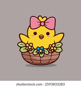 Cute little yellow chicken flower basket vector children's illustration Q version vector cartoon illustration