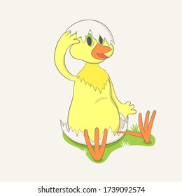 A cute little yellow chicken has just hatched lifts its shell. Chicken baby looks at the world for the first time. Vector hand drawn illustration.