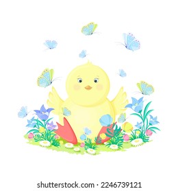 A cute little yellow chicken is sitting in bright wildflowers and butterflies are flying around. Vector illustration isolated on a white background. The concept of the Easter holiday, birthday