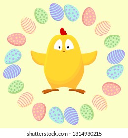 Cute little yellow chicken in a wreath of easter eggs