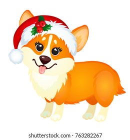 Cute little yellow dog with cap of Santa Claus teasing tongue isolated on white background. Sketch of Christmas festive poster, party invitation, holiday card. Vector cartoon close-up illustration.