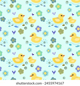 lindo pequeño pato amarillo Vector de dibujos animados patrón sin costura Se utiliza para textiles regalo de embalaje de papel Fondo de pantalla