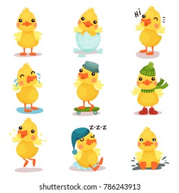 Cute little yellow duck chick characters set, duckling in different poses and situations cartoon vector Illustrations